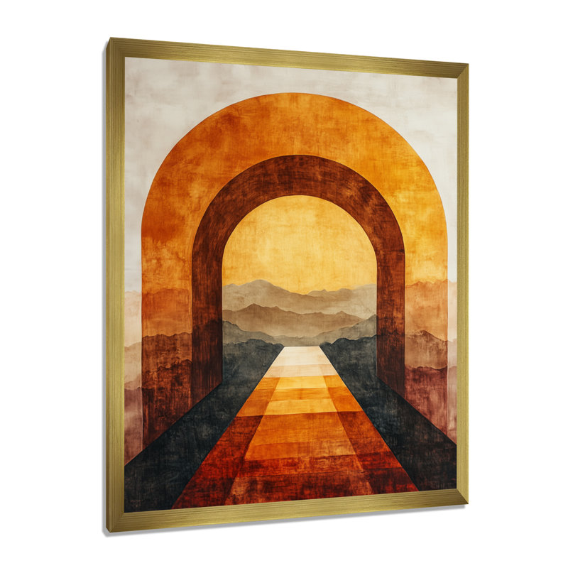 Perspective d'arche moderne orange et noire I - Tableau abstrait transitionnel encadré, H 44 po x l 34 po