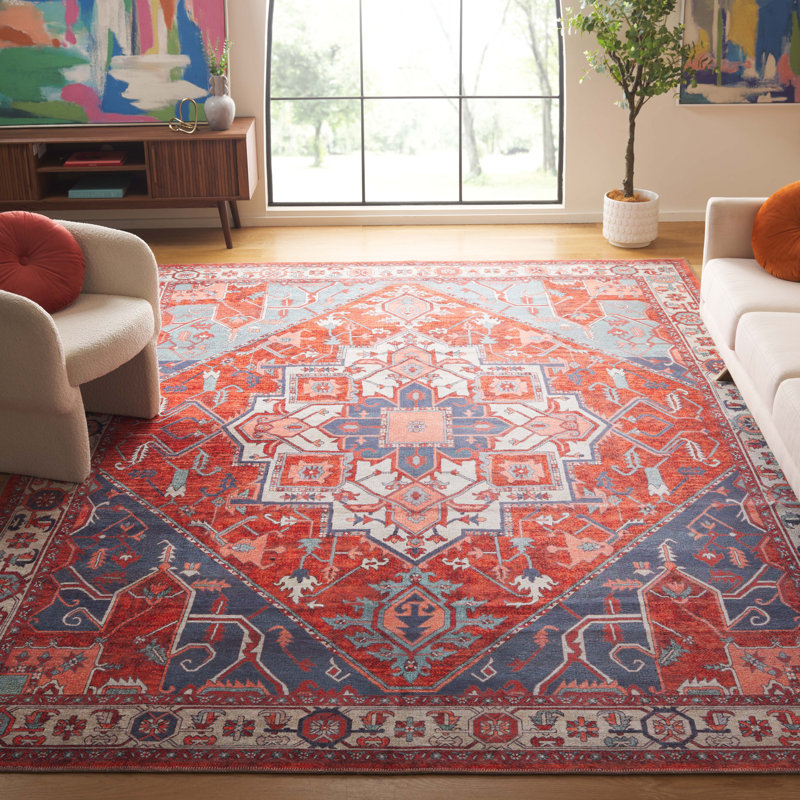 Tapis de style sud-ouest en coton / chenille lavable à la machine en rouille / bleu Wassay, Rectangle 9 pi x 12 pi