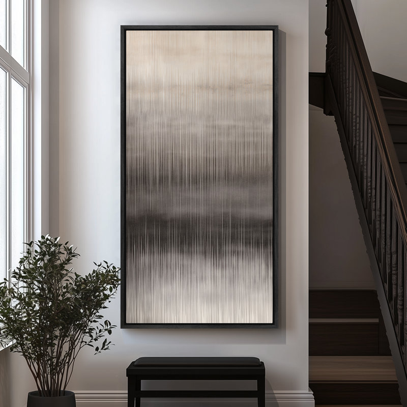 Neutral Gradient Abstract with Soft Vertical Motion - Large Framed Canvas Master Bedroom Wall Art Print, Black