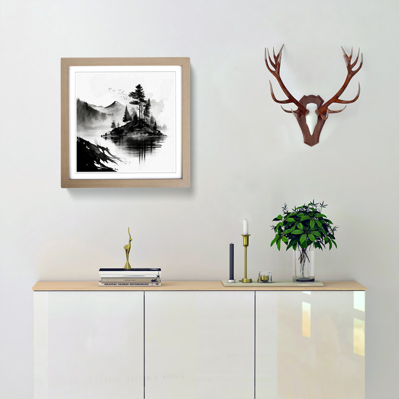 Lake Ink Wash - Single Picture Frame Print on Wood, Oak