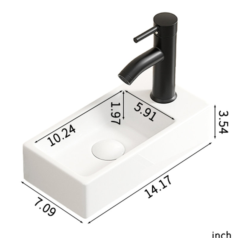 American Style Milk White Ceramic Wall Hung Wash Basin, Right Hand Tap Hole, 14.2*7.15*3.58Inch, Small And Elegant For Spaces