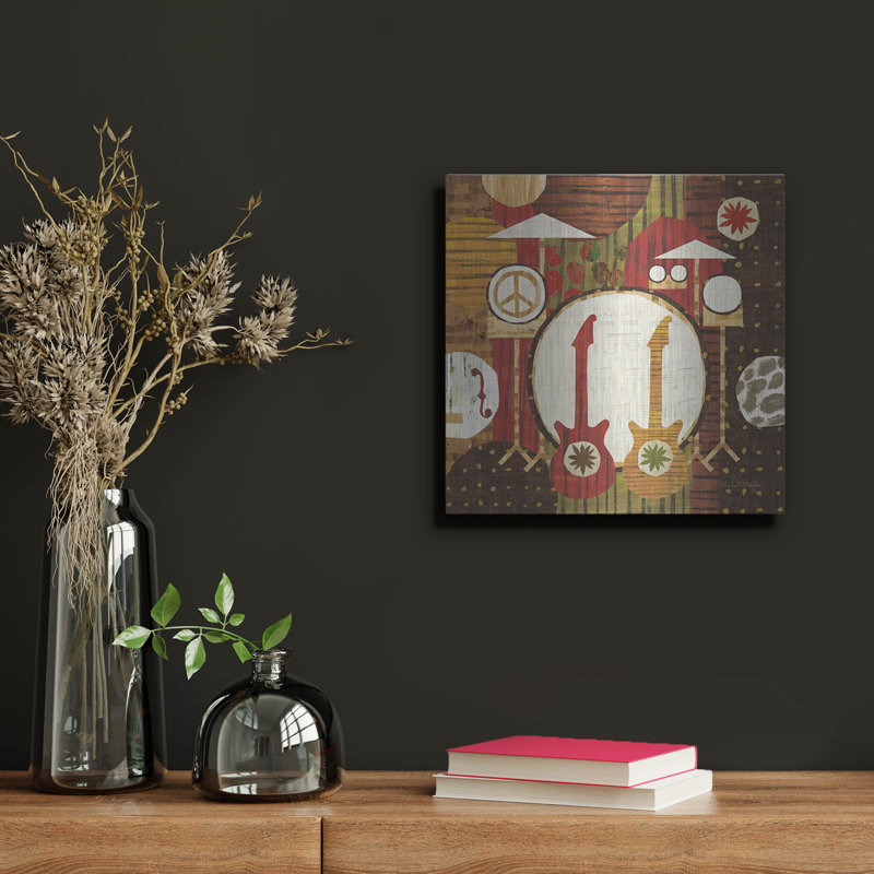 Art mural en métal luxueux «Rock N Roll Drums Brown» par Michael Mullan, H 12 po x l 12 po