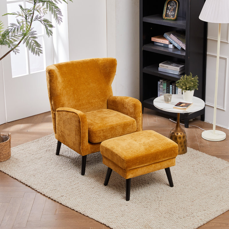 Upholstered Wingback Chair with Footstool, Yellow Chenille