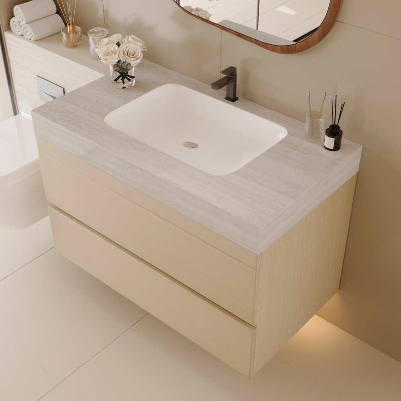 Meuble-lavabo flottant moderne 29,9 po avec comptoir en faux marbre et lavabo encastré en céramique, fixation murale pour petites salles de bain et appartements