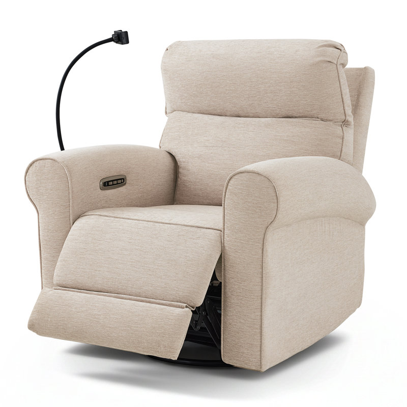 Swivel Glider Rocker Power Recliner Chair with Adjustable Headrest & Phone Holder, Fabric, Beige