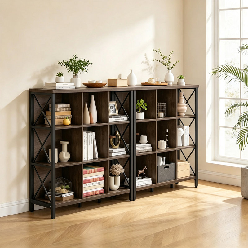 Étagère de rangement industrielle de 9 cubes avec trousse anti-basculement, Noyer brun