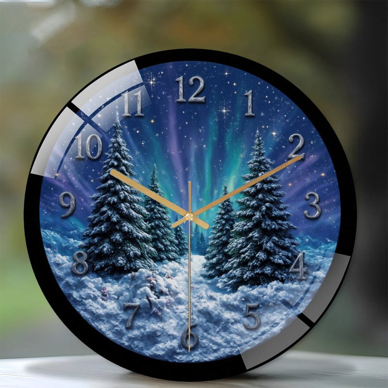 Clock-Face-Winter-Forest-Aurora-Sky Art - 12'' Modern Glass Wall Clock