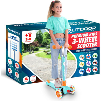 Outdoor Cruiser 3-wheel Kids Scooter – With Lean-to-steer Technology, Led Lighted Wheel, 4-level Adjustable Height T-bar Handle, Support Kids Up To 150 Lbs, For Boys & Girls Ages 3-8, Aqua And Orange