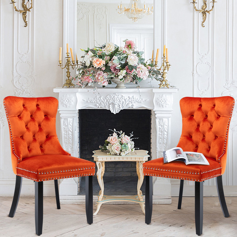 Tufted Velvet Wing Back Side Dining Chairs, Black, Orange