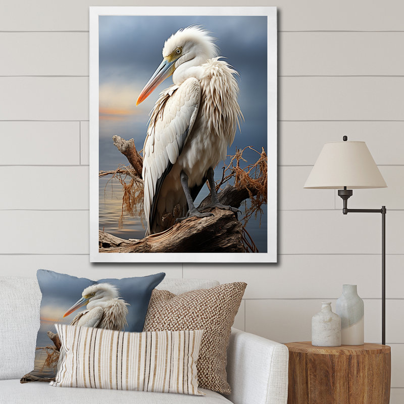 «Orava Grey Pelican Tranquil Waters Pelican», reproduction sur toile, Cadre photo blanc, H 40 po x l 30 po x P 1,5 po