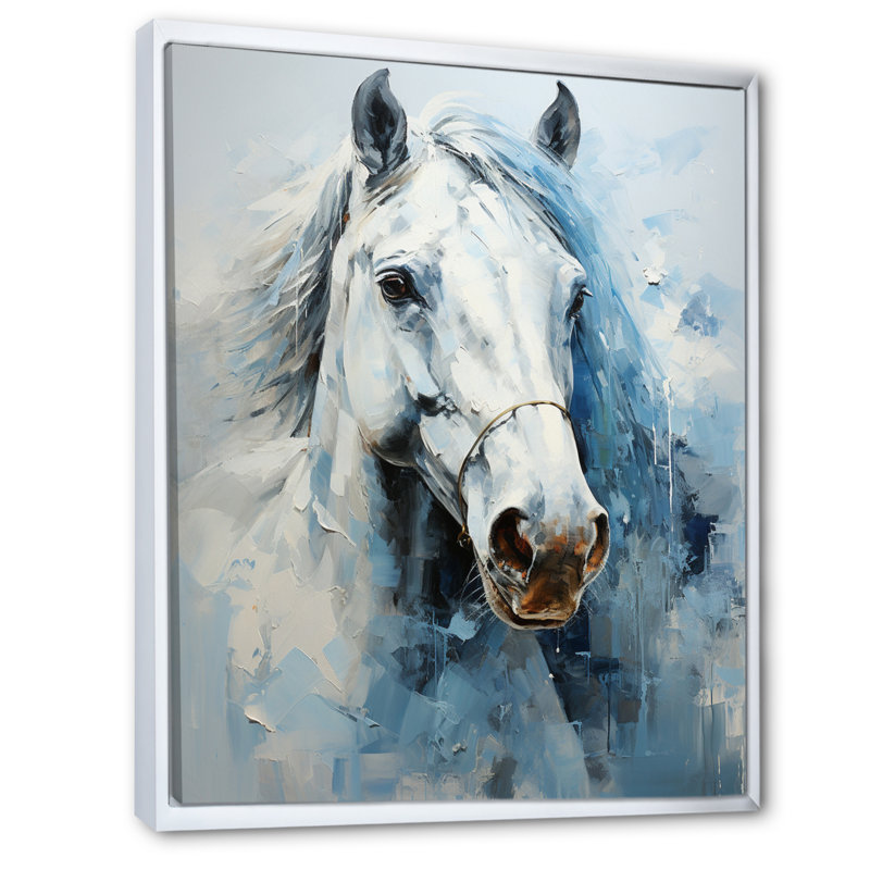 Décoration murale cheval blanc blanc bleu sérénité révélée - pointillisme II, H 40 po x l 30 po x P 1,5 po