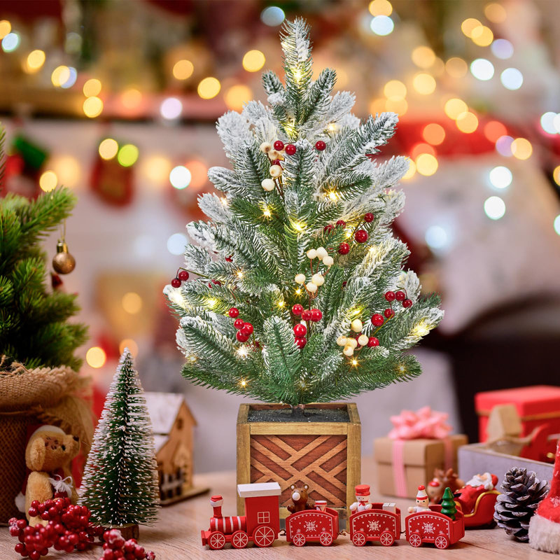 Mini arbre de Noël illuminé 2 pi avec arc, boules, baies rouges et pommes de pin, décoration de Noël de table