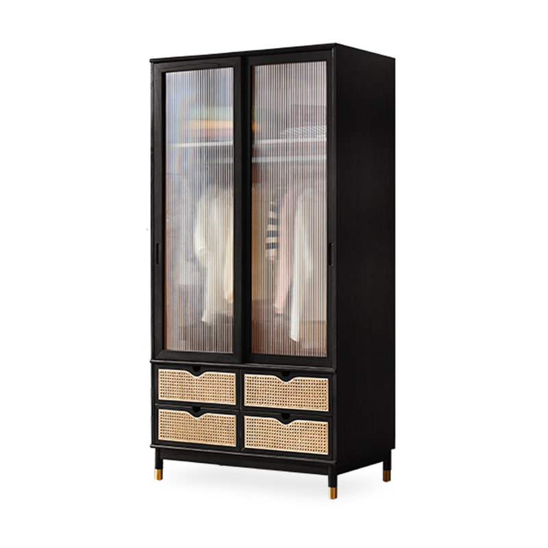 Wabi - sab Style Solid Wood Rattan - Woven Glass Wardrobe, Matte Black