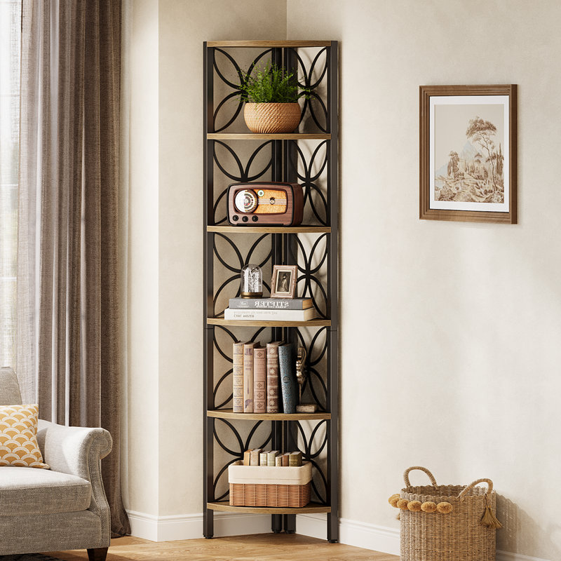 6-Tier Industrial Corner Shelf, Rustic Wood and Metal Storage Rack, Brown