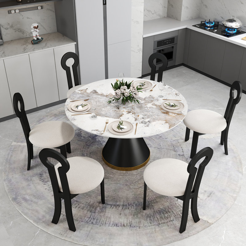 6 Seat Dining Table Set With Modern Key-shaped Dining Chairs, 7-piece Dining Set, Black, Pandora