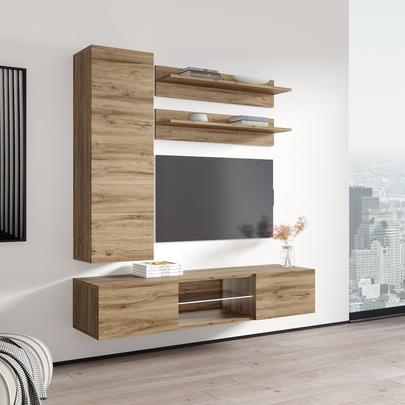 Meuble audio-vidéo mural flottant de 63 po avec éclairage à DEL 16 couleurs Leung Leung, Chêne