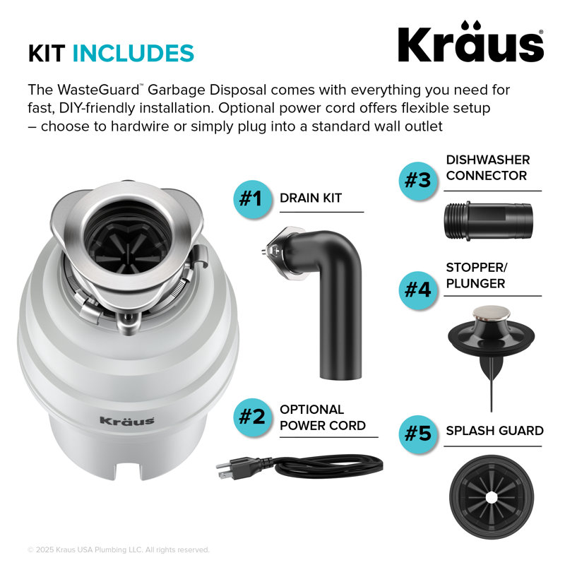 KRAUS Wasteguard Continuous Feed Garbage Disposal With Ultra-Quiet Motor For Kitchen Sink With Power Cord And Flange Included