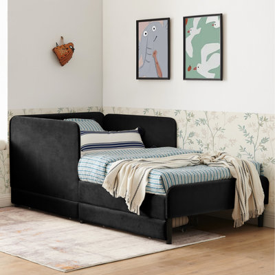 Lit simple, 2 tiroirs de rangement, cadre de lit plateforme tapissier noir, rembourrage en mousse confortable, revêtement en velours de petite taille, capacité de poids de 300 lb