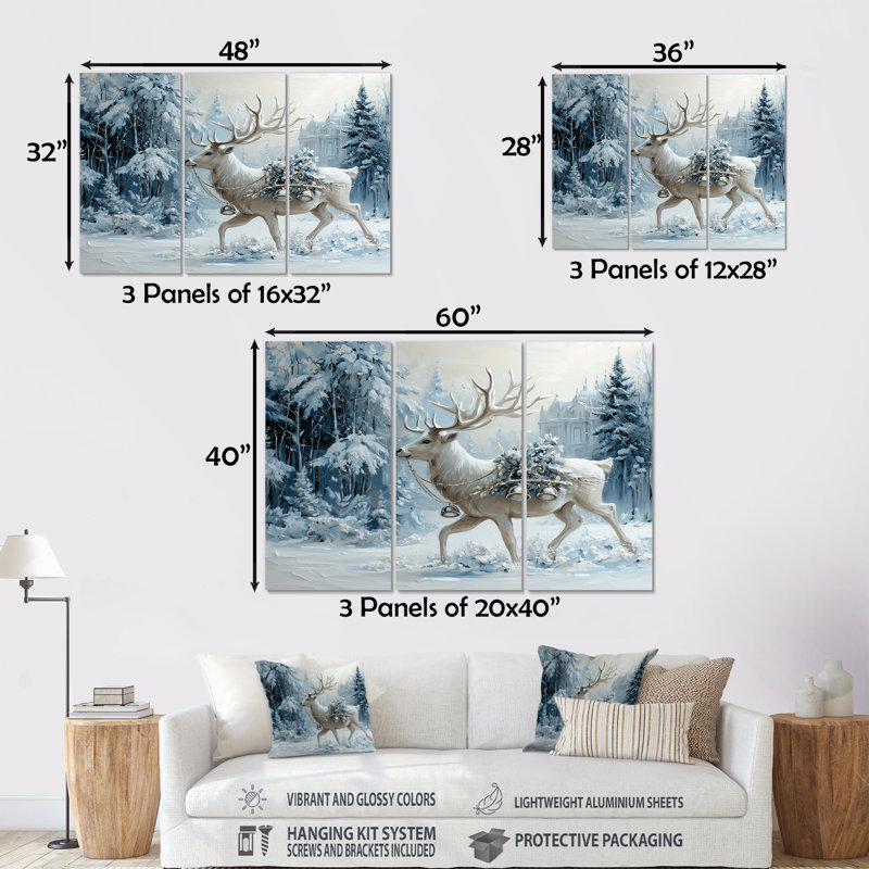 «White Christmas Winter Reindeer Magic - Christmas Santa Deer», ensemble d'art mural, Métal métal, H 28 po x l 36 po x P 1 po