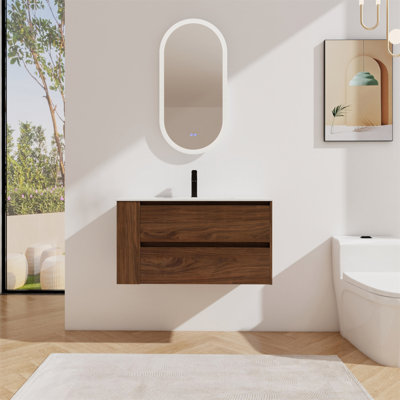 Meuble-lavabo mural de 36 pouces avec lavabo en céramique et tiroir à fermeture en douceur, peu encombrant et élégant