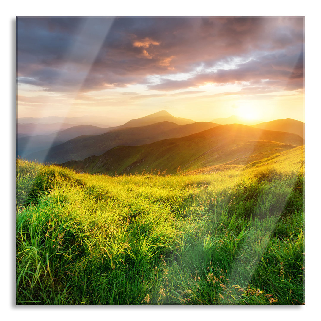 Ungerahmtes Foto auf Glas "Sommerliche Bergwiese bei Sonnenuntergang"