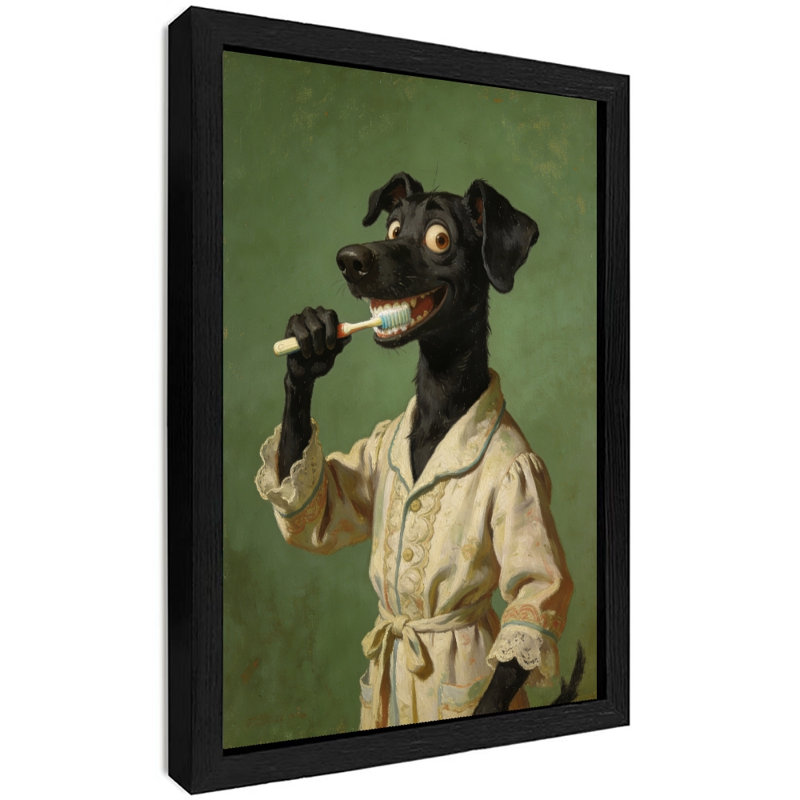 Art encadré noir, chien noir rétro, brossage des dents, art humoristique rétro, impressions encadrées, H 11 po x l 9 po