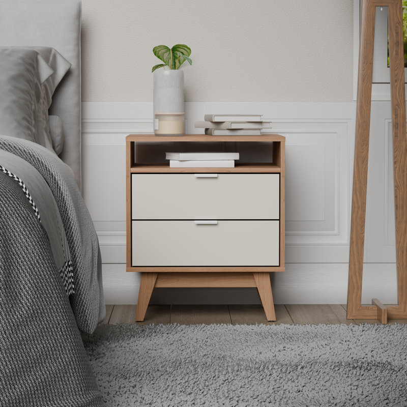 Clea Modern 2-Drawer Nightstand w/ Open Shelf - Bedside Table W.20.78', Light Brown/Cream
