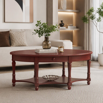 Vintage Oval Coffee Table with Drawer and Storage Shelf, Antique Cocktail Table in 45"