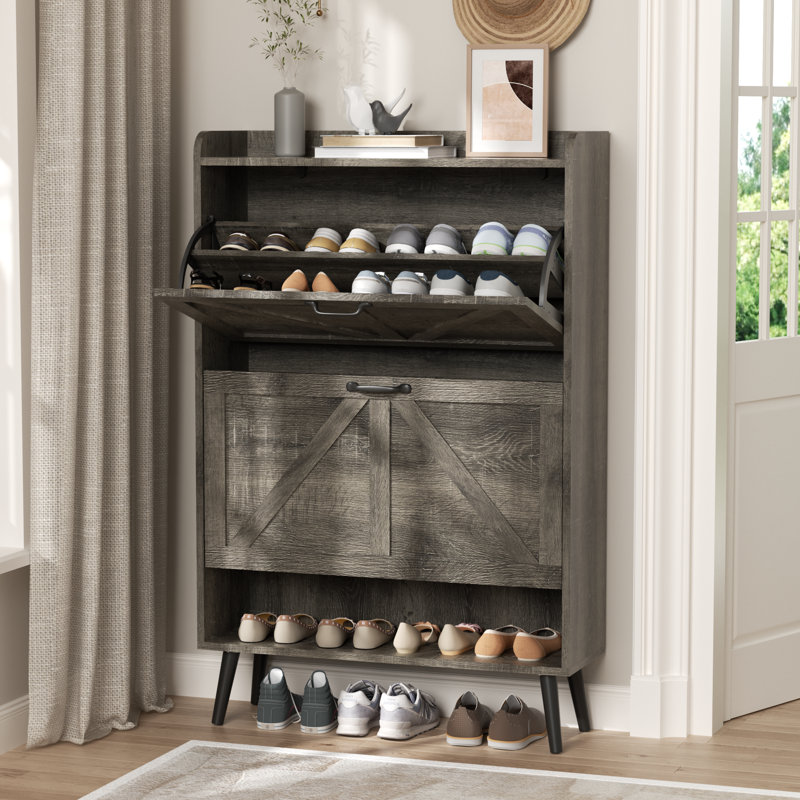 16 Pair Shoe Storage Cabinet With 2 Flip Drawers, Freestanding Farmhouse Shoe Organizer Cabinet, Washed Gray