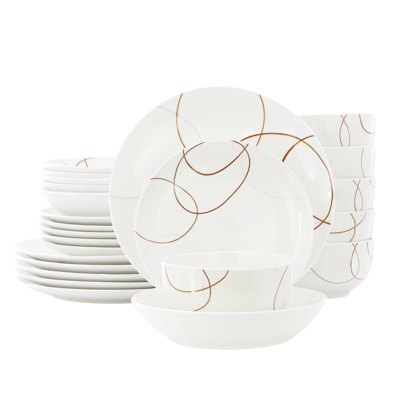 Service de vaisselle en porcelaine pour 6 assiettes et bols blancs au design abstrait moderne, 24 pièces allant au micro-ondes et au lave-vaisselle