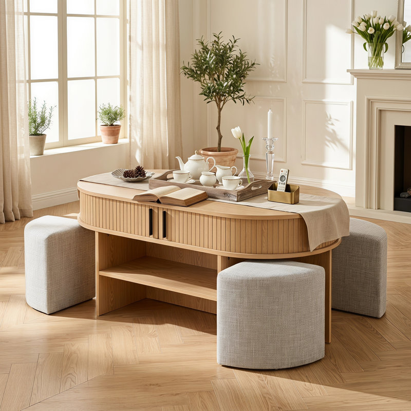 Table basse ovale en chêne 47 po avec 4 tabourets rembourrés Elyza, table de cocktail multifonctionnelle en bois avec rangement dissimulé et tablettes ouvertes, conception emboîtable peu encombrante, résistante aux égratignures
