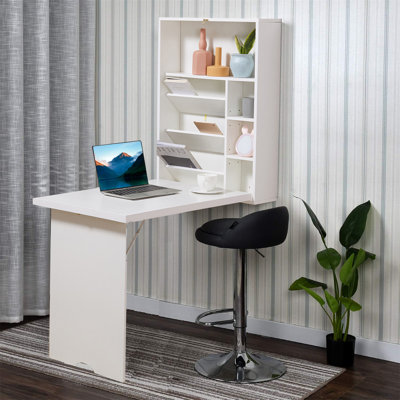 Bureau convertible mural pliable, bureau flottant avec tablette de rangement