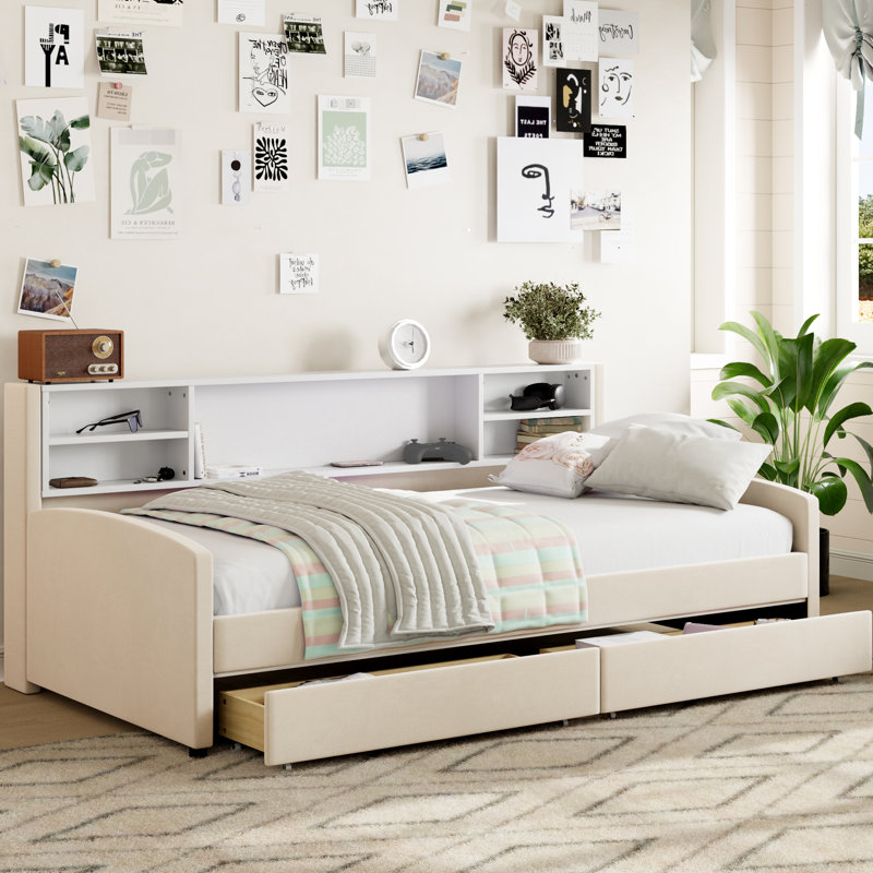 Lit simple tapissier avec rangement beige - Velours doux, tête de lit, tiroirs spacieux pour l'organisation de la literie et des vêtements, revêtement en velours, fonctionnel