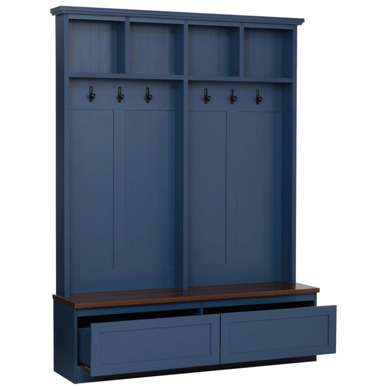 Farmhouse 4-In-1 Hall Tree With Wood Grain Bench And Storage Drawers, Blue, Blue