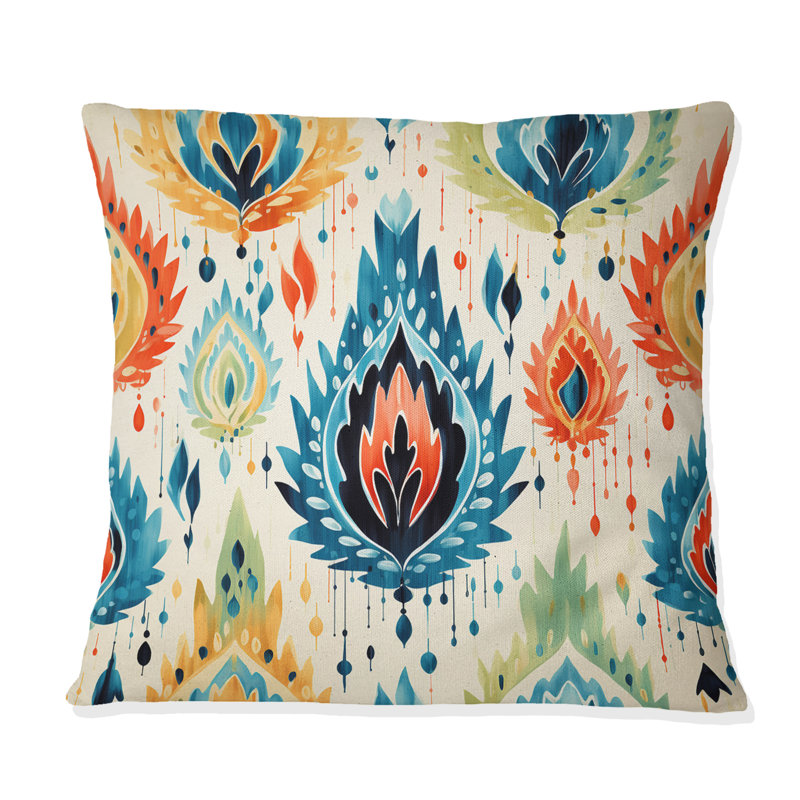 Bleu et orange Ikat Mosaic Fusion - Coussin abstrait Coral Reef Multicolore Azur, H 16 po x l 16 po