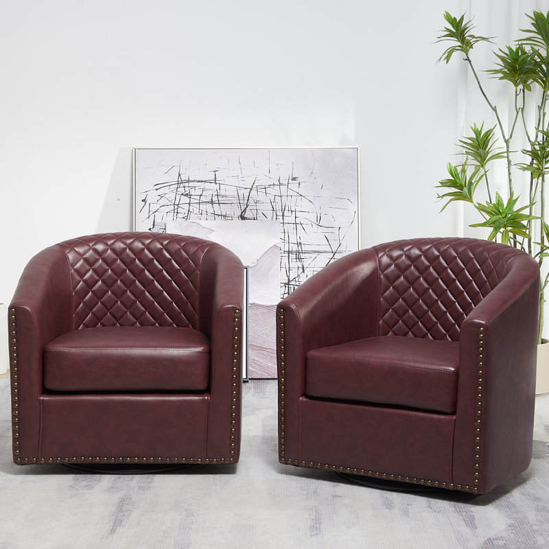 Oscar 29" W Water Resistant Faux Leather Swivel Barrel Chair, Red Faux Leather