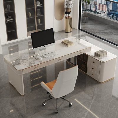 Modern Luxury L-Shaped Desk, Polished Sintered Stone Top, Multi-Functional Storage Cabinet, Beige Leather Accents