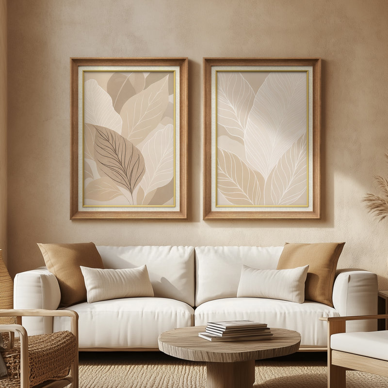 «Neutral Leaf Pattern Soft Contemporary», ensemble de 2 reproductions d'art encadrées sur papier de qualité supérieure 26 po x 36 po