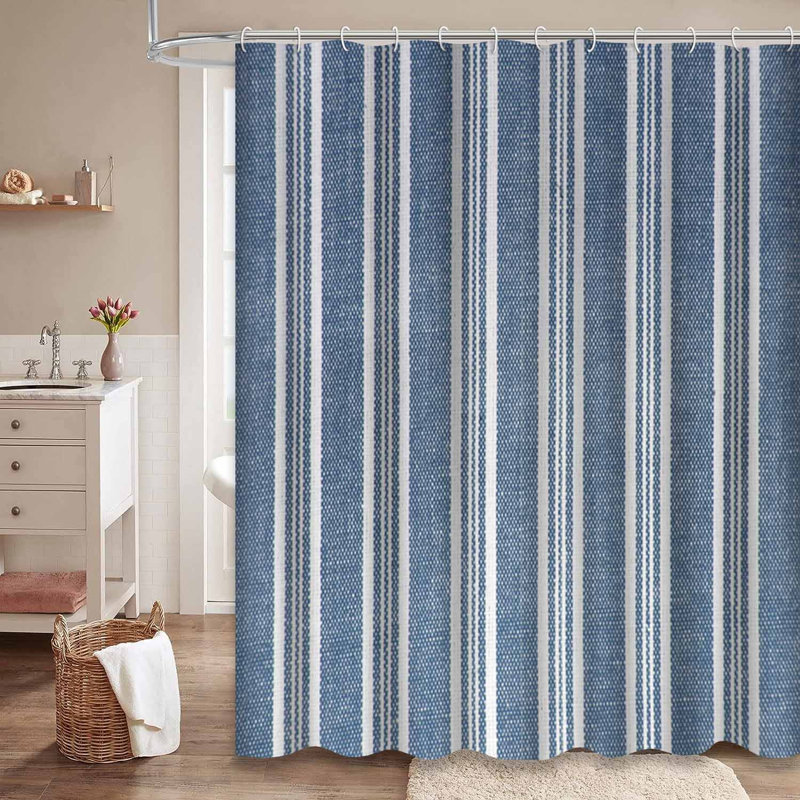 Rideau de douche en tissu, lin et coton rayé bleu crème avec 12 crochets, L 72 po x l 72 po