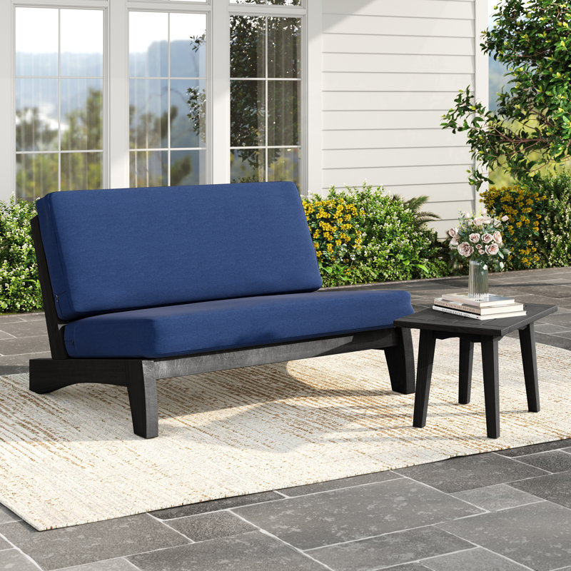 Dabbs Outdoor Conversation Set Solid Wood Group With Loveseat And Side Table, Navy, Black