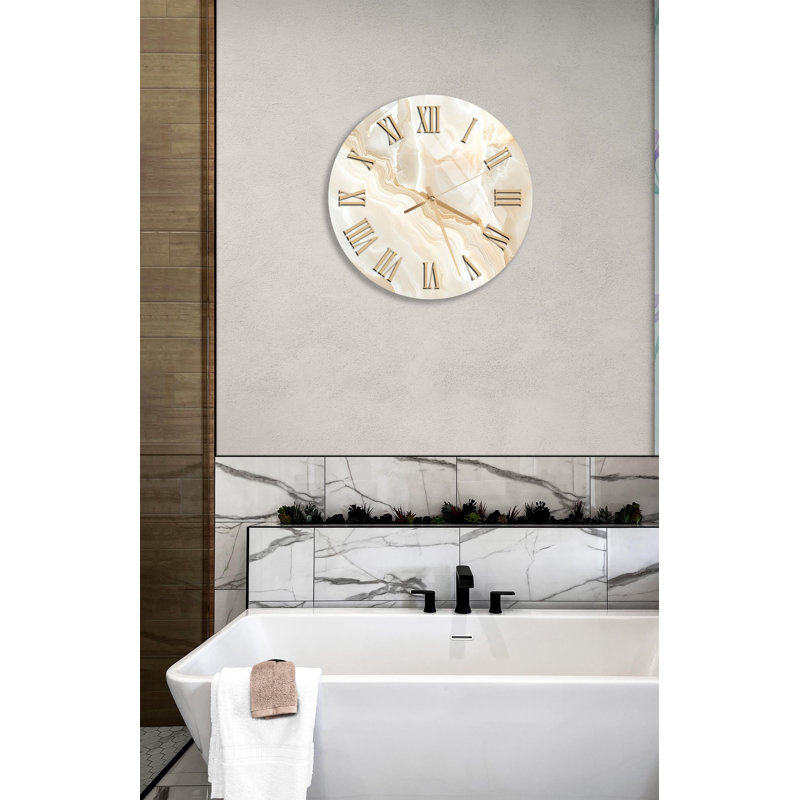 Horloge murale en verre trempé beige marbré, chiffres romains élégants, décoration intérieure unique, art mural moderne
