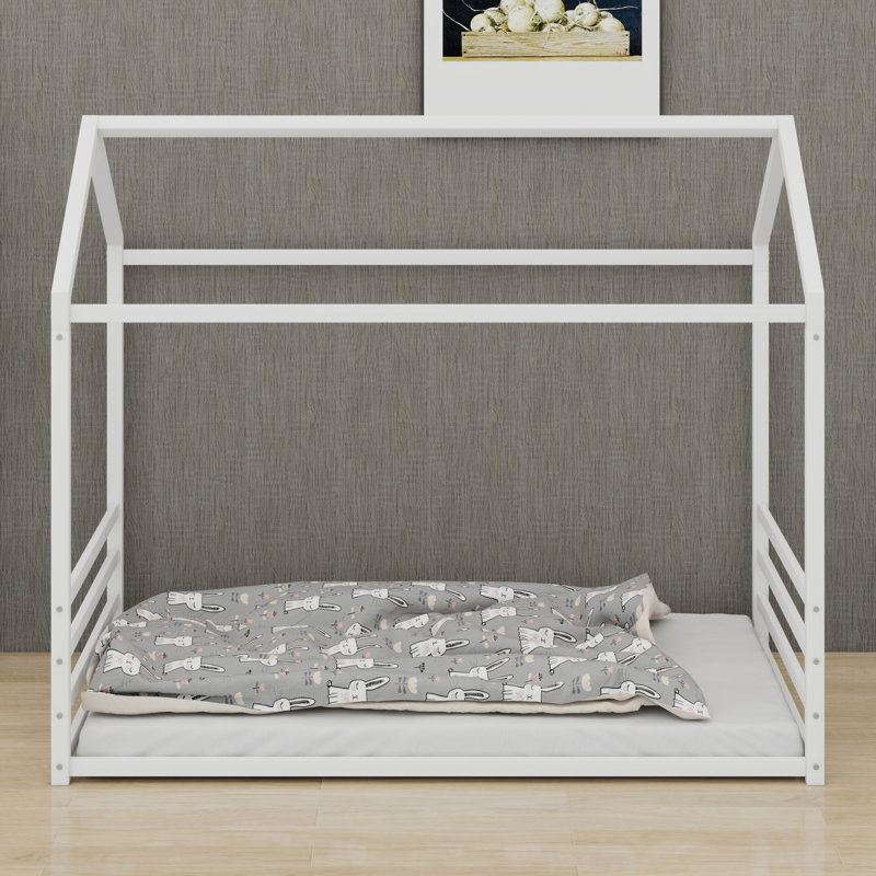 Structure de lit en métal de style Montessori, lit en forme de maison avec garde-corps pour enfants et tout-petits, assemblage facile, sans lattes