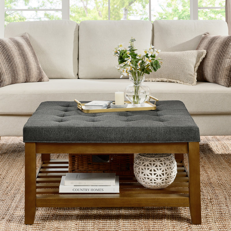 Grand siège en bois de hêtre carré avec siège en lin, siège gris foncé et fabrication robuste, Dark Gray