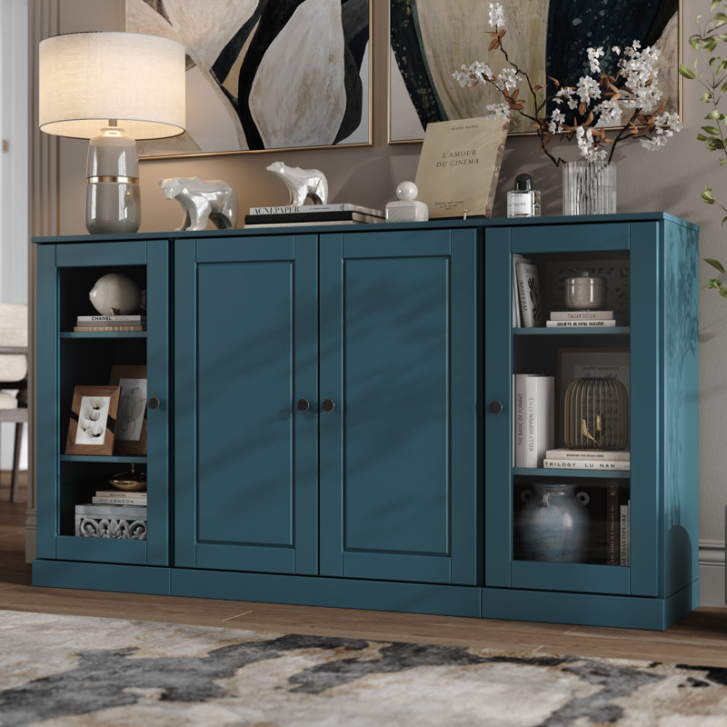 Kyreigh 100% Solid Wood 65" Sideboard with Solid, Clear Glass Doors and Adjustable Shelves, Teal