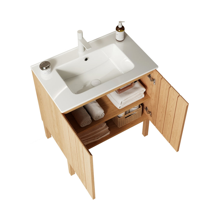 Meuble-lavabo de salle de bain en céramique blanche - meuble-lavabo autoportant 30 po avec rangement pour armoire et tablettes