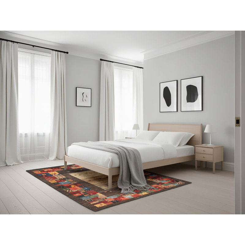 Tapis rouge/vert/brun zone contemporaine, Rectangle 5 pi x 7 pi