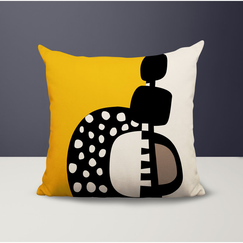 Oreiller carré réversible intérieur / extérieur Khari, H 17 po x l 17 po, Jaune / noir / blanc cassé abstrait