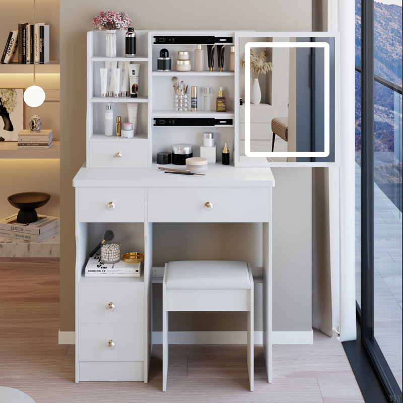 29.2" Small Size Left Drawer Desktop Vanity Table + Cushioned Stool, Large Sliding, Touch Control, Tri-Color Switching, Brightness Adjust LED Mirror, High Capacity Storage, Suitable For Small Space