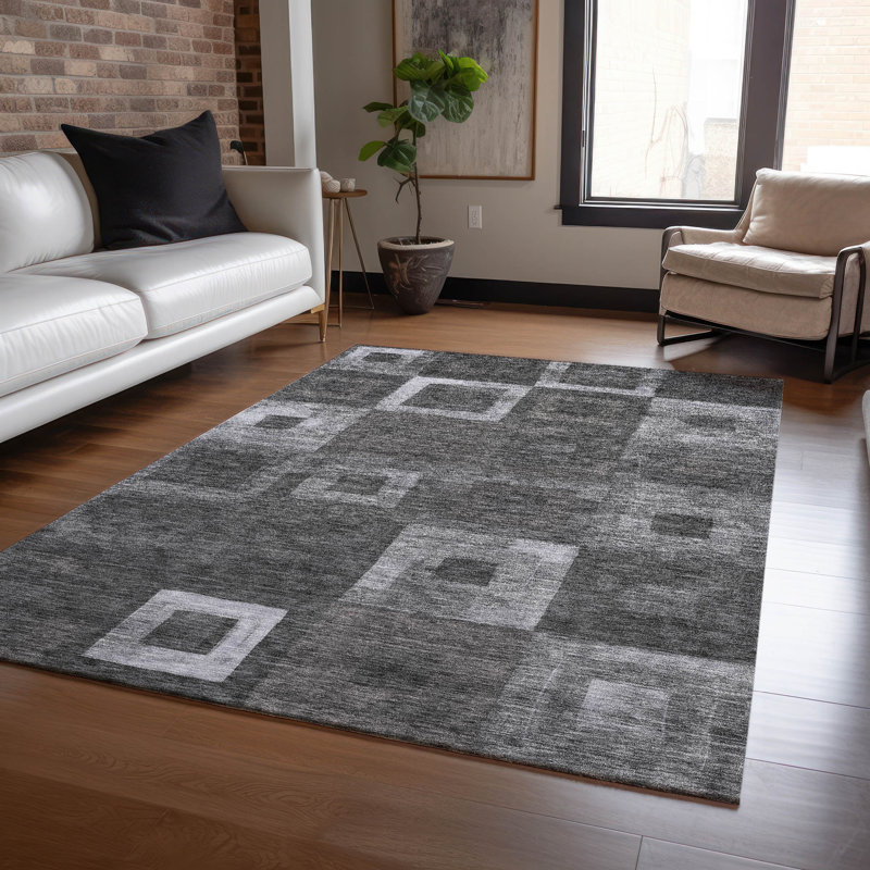 Black Geometric Rectangular Synthetic Washable Rug 3' x 5'