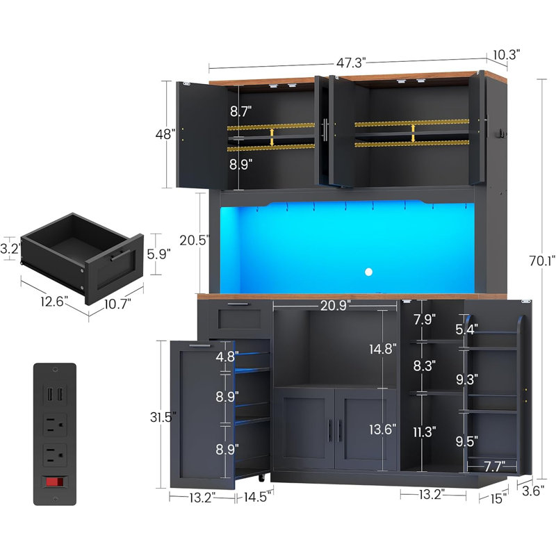 Armoire de rangement 71 "avec huche de cuisine avec station de charge et lumière DEL, Noir